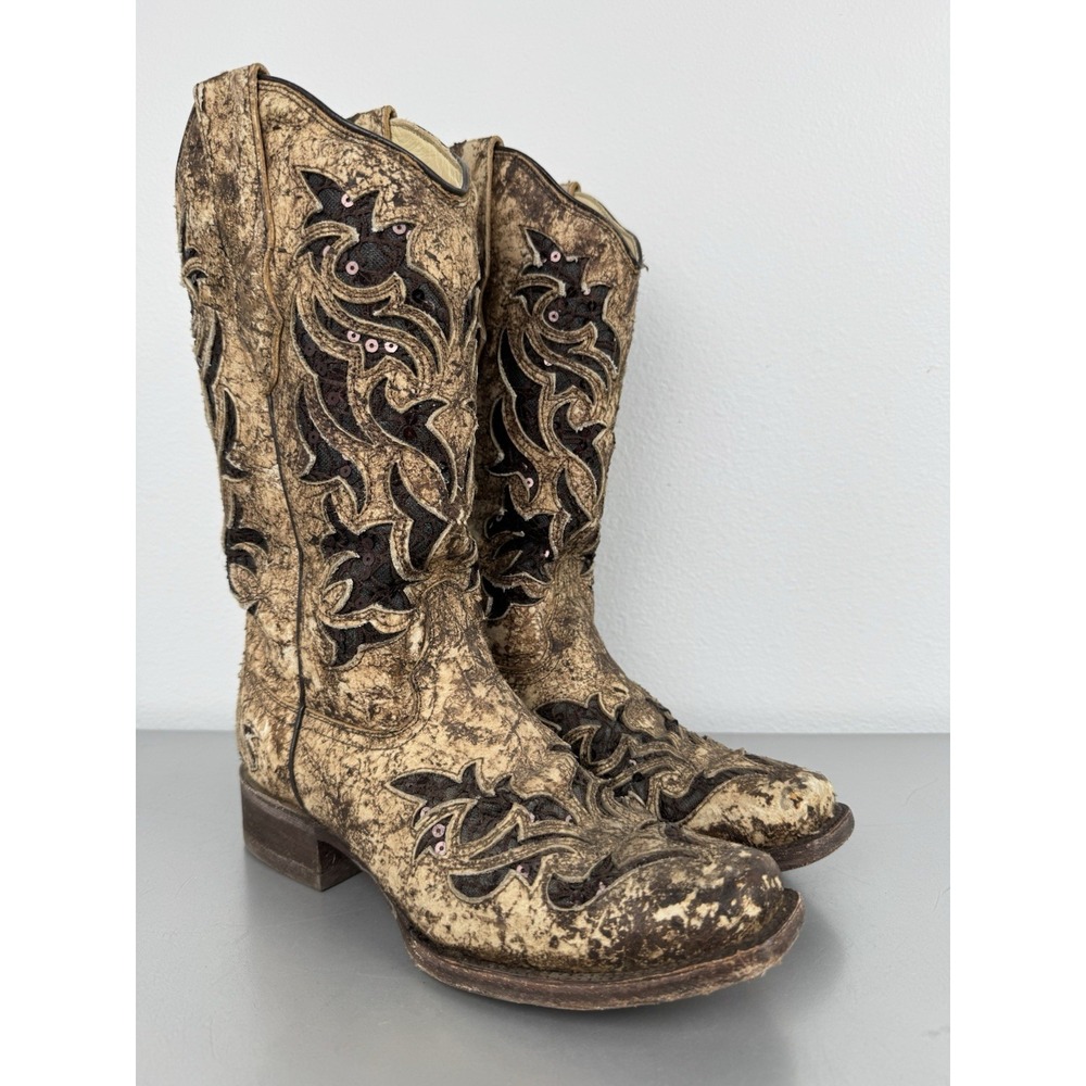 CORRAL Cowboy Boots Womens 7 Square Toe Beige Brown Inlay Western Cowgirl Rodeo